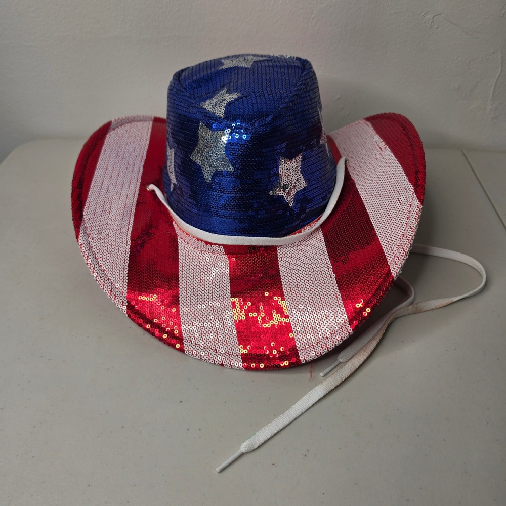 Unbranded Cowboy Hat Women OS Red White Blue Sequin American Flag Patriotic Star